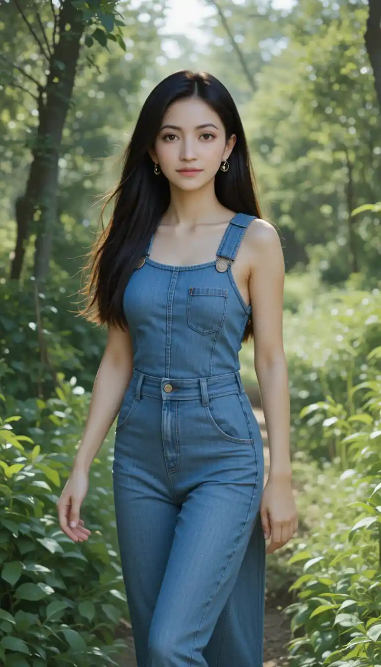 晴れた緑の中を歩くデニムオーバーオールの若い女性