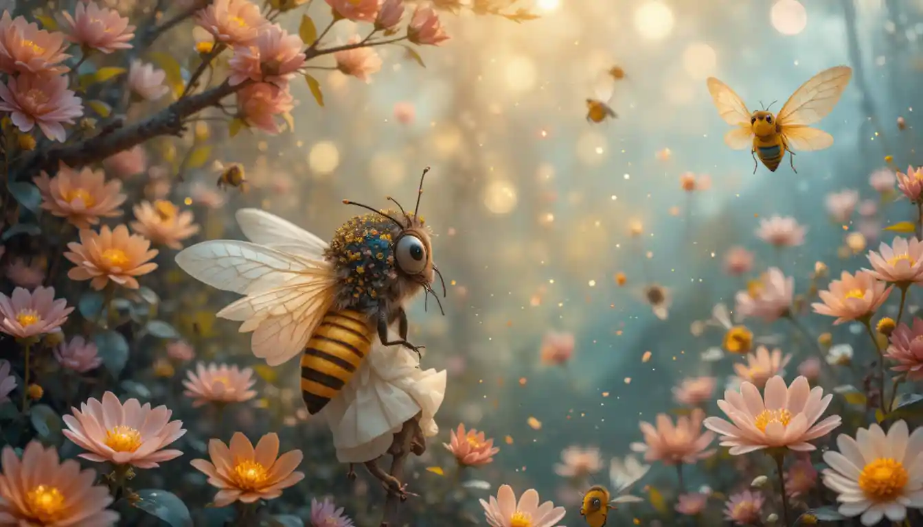 Whimsical illustration of colorful bees in a dreamy style