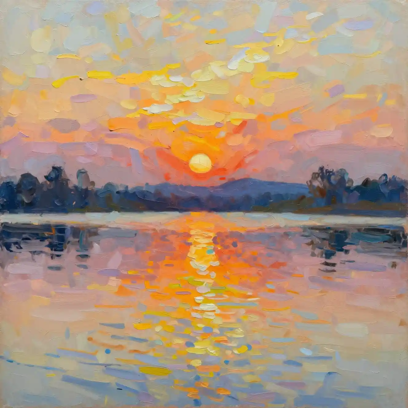 Coucher de soleil impressionniste sur une paisible scène de lac texturée