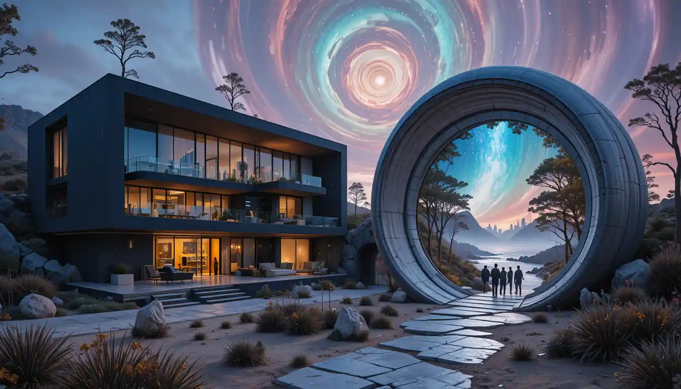 Villa moderne noire aux murs de verre dans un décor désertique