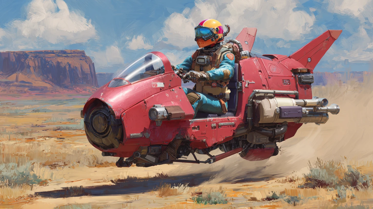 Speeder cramoisi futuriste filant à travers un désert coloré