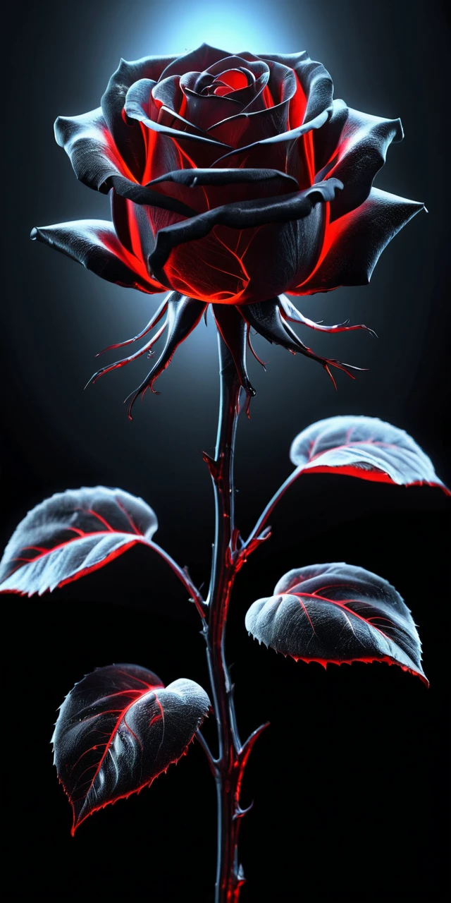 超現実的な赤い光を放つ黒いガラスの薔薇