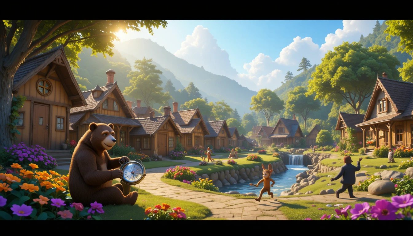Colorful animal village in morning light by the jungle