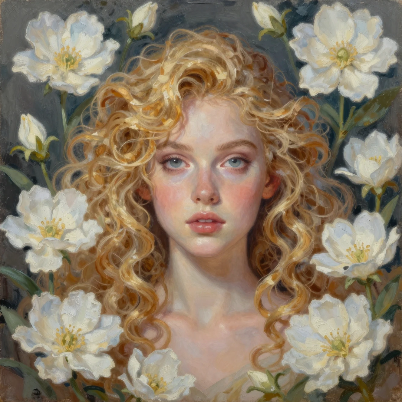 Golden haired girl portrait with magical dreamy flowers
