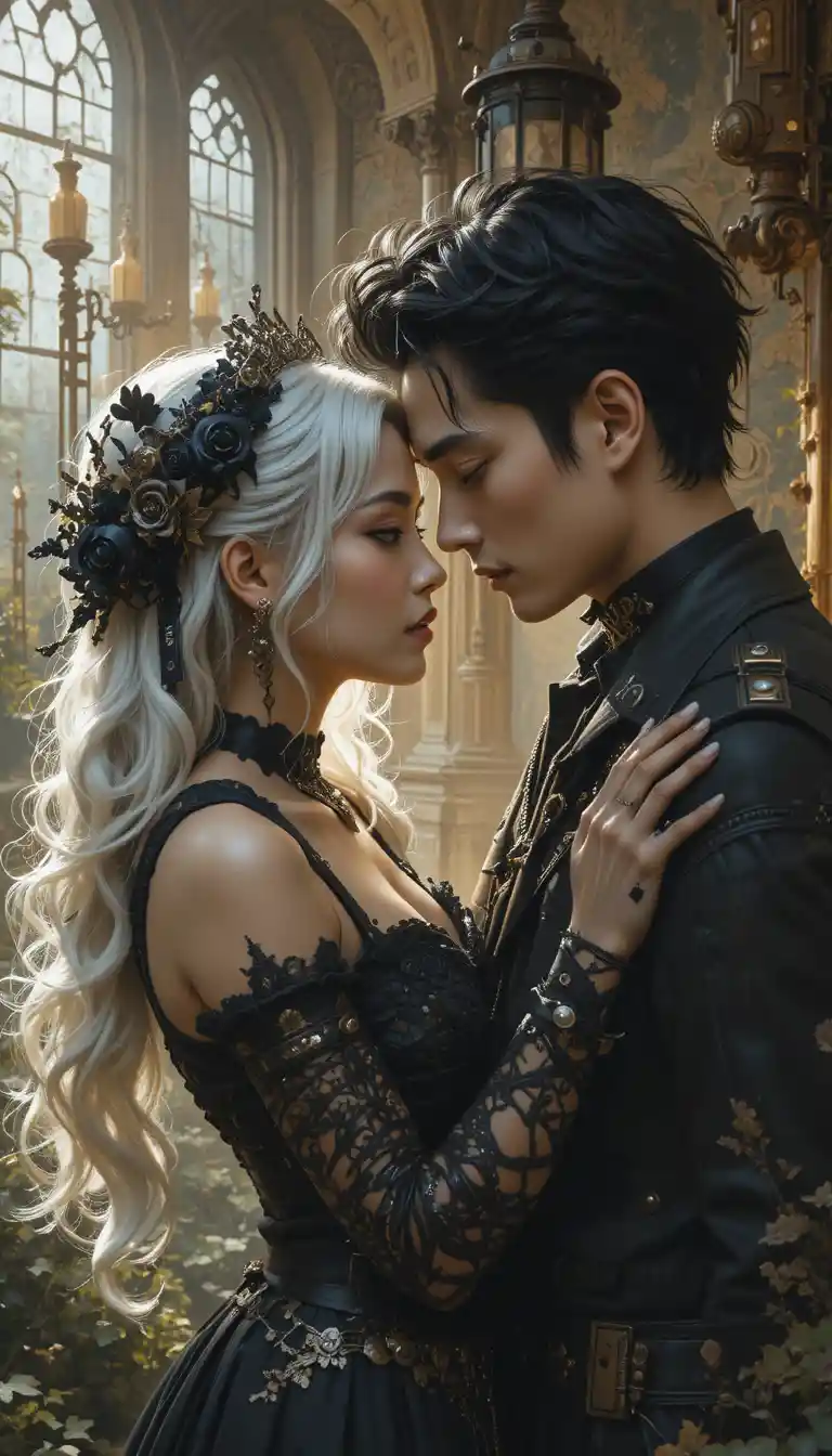 Romantic gothic woman with steampunk man in surreal cityscape