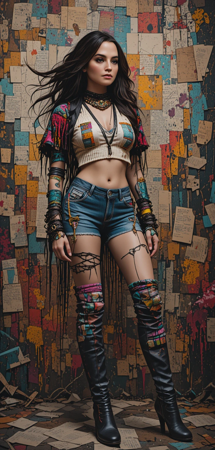 Young woman in bold patchwork fashion against book page backdrop