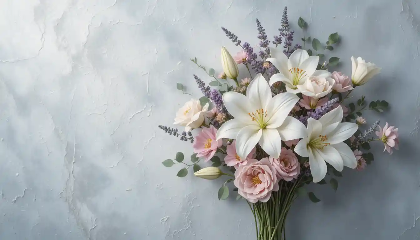 Zarter Blumenstrauß in Pastell auf taubengrauem Hintergrund