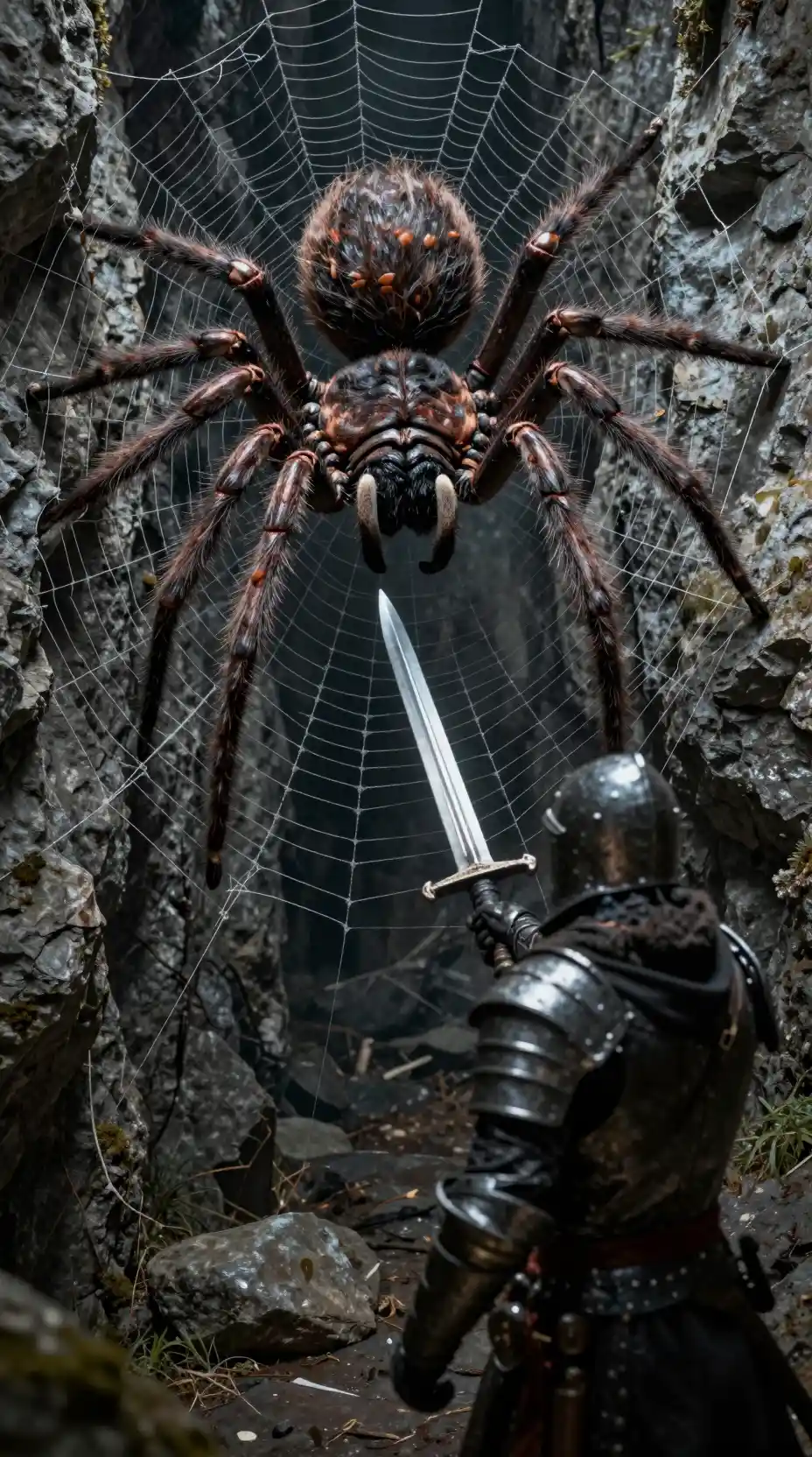 Un caballero se enfrenta a una araña gigante en una cueva llena de telarañas