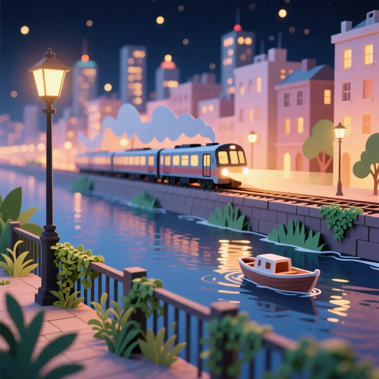 Pastel paper cut night cityscape with river train