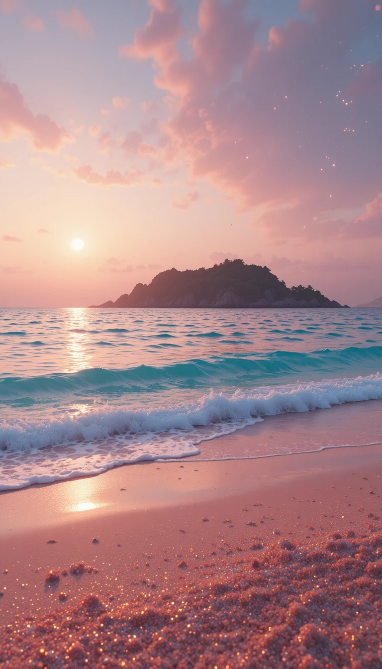 Lever de soleil de rêve sur le rivage d’une plage de sable rose scintillant
