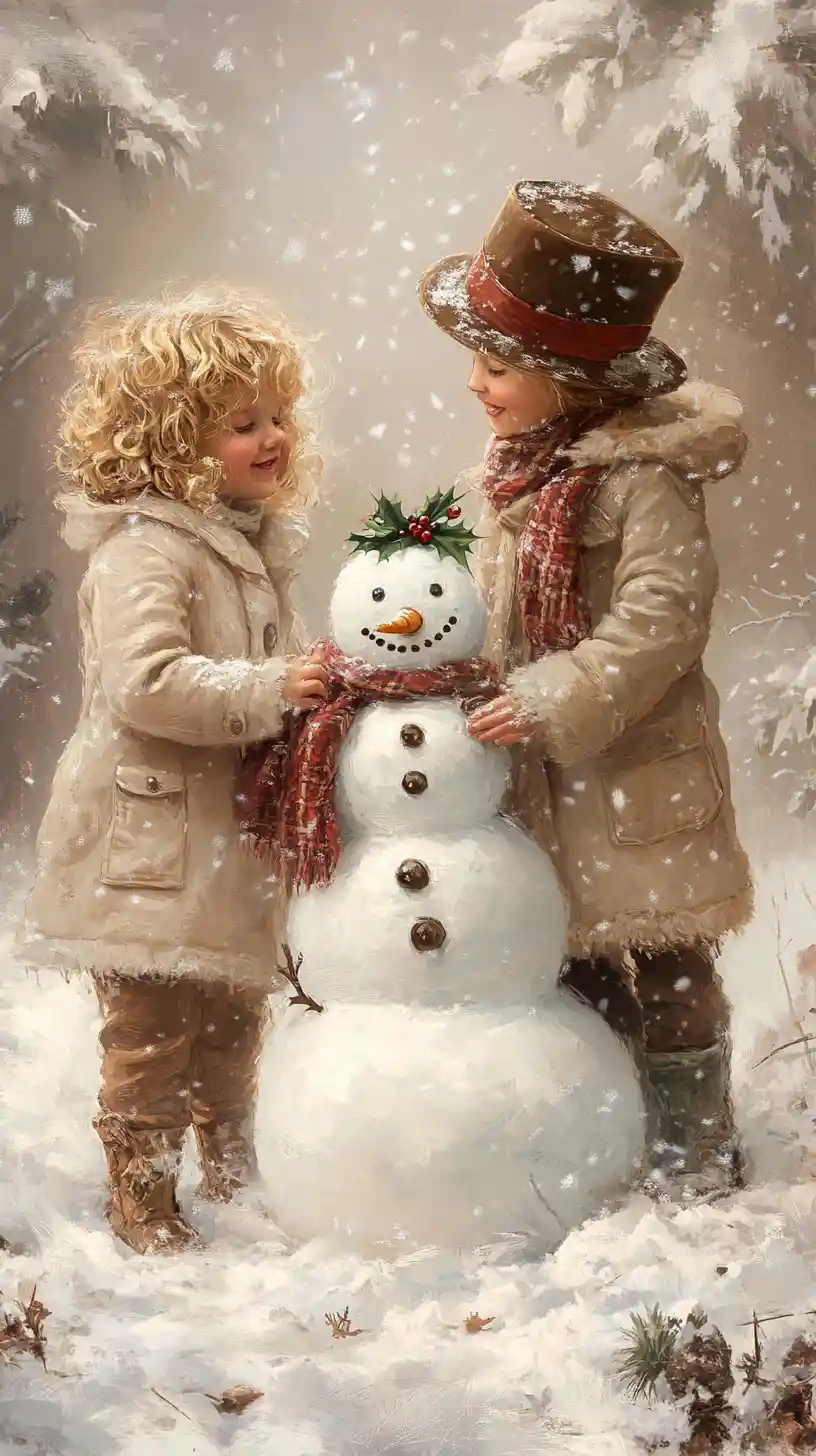 Crianças fazendo um boneco de neve em um tranquilo mundo de inverno