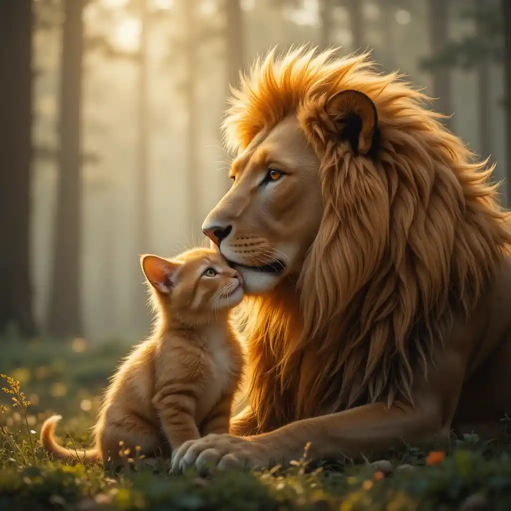Lion and kitten sharing a tender moment in sunlit forest