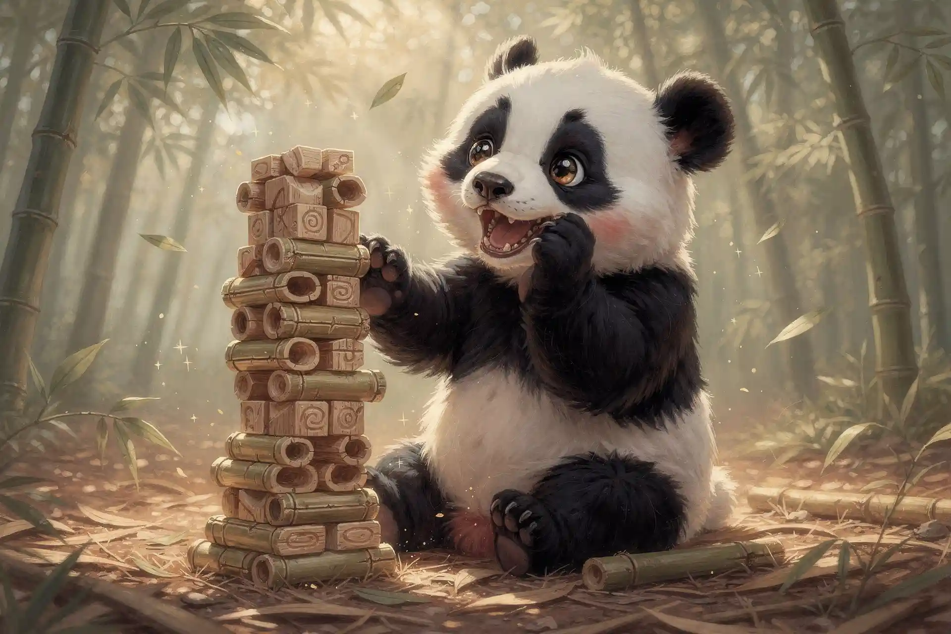 Baby panda stacking bamboo blocks in a dreamy grove