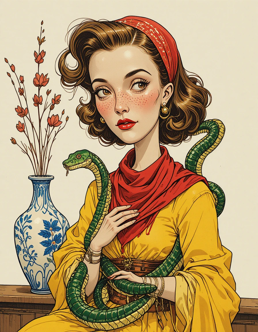 Disegno vintage di una donna con serpenti e gioielli elaborati