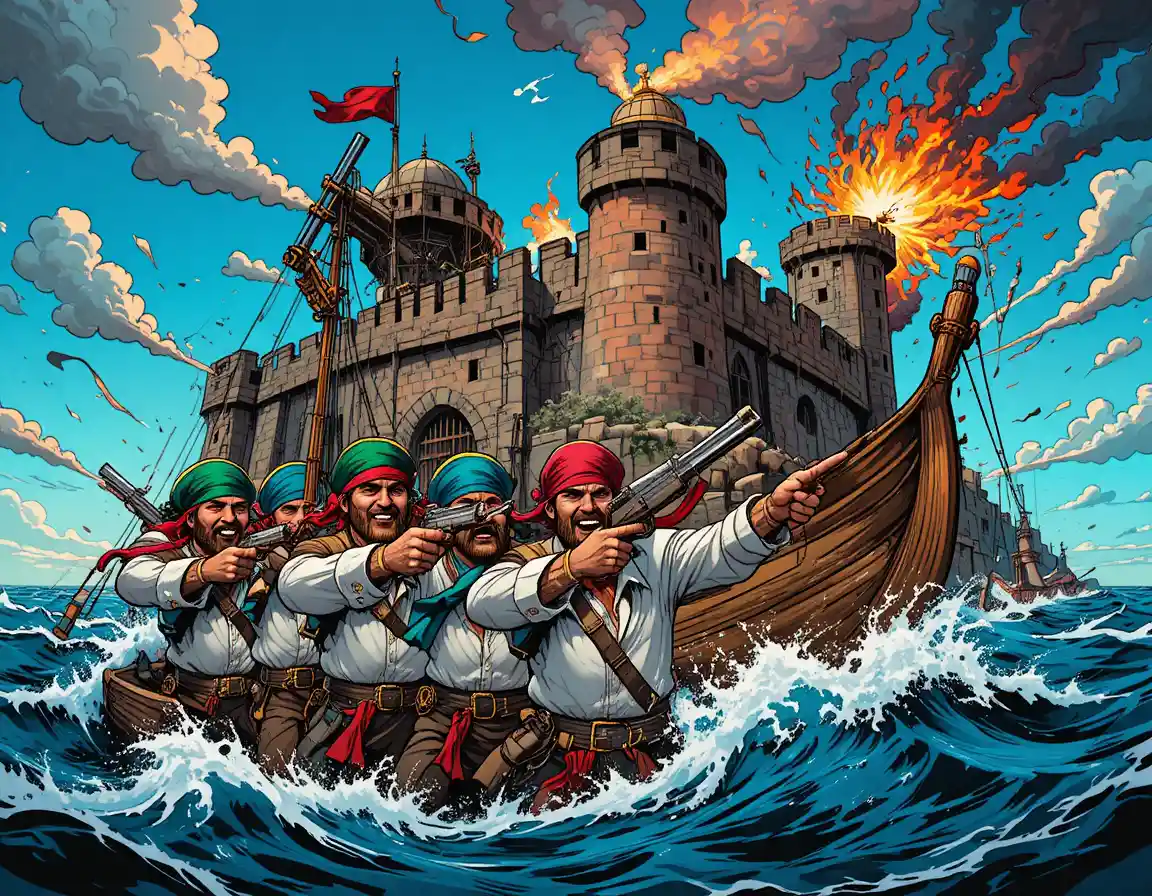 Pirate ship battling a coastal fortress in comic style