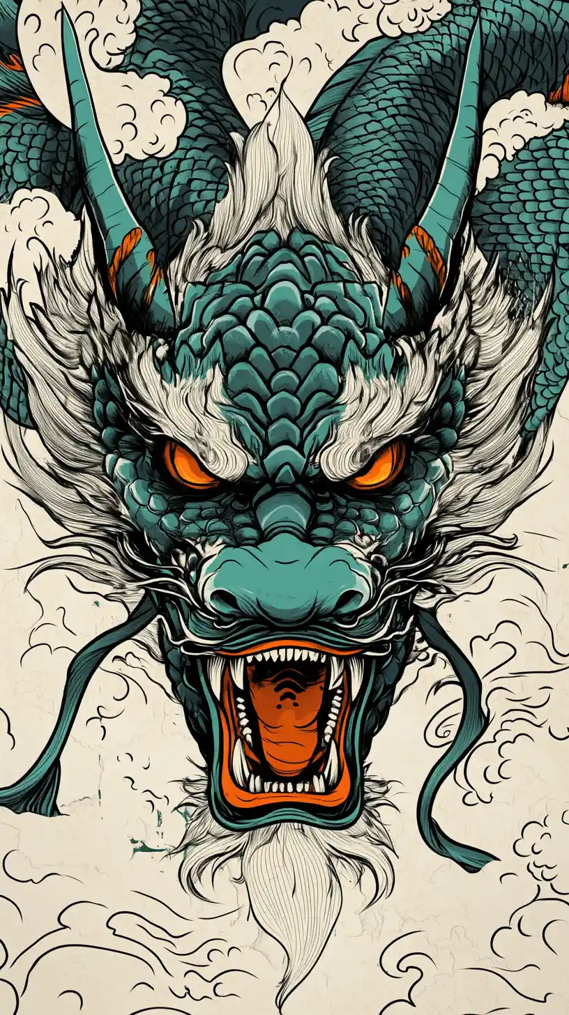 Ritratto di Feroce Drago Orientale in Stile Tatuaggio Giapponese