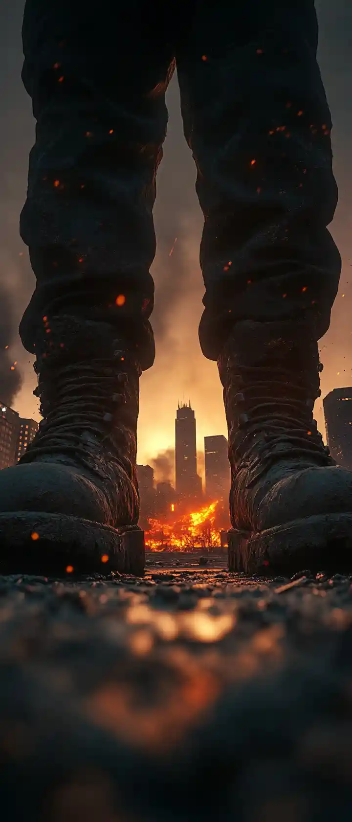巨大的軍靴俯視著燃燒的城市街道