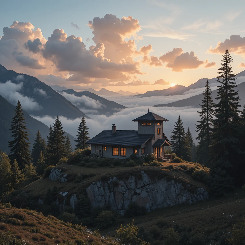 Casa na montanha ao nascer do sol com árvores e nuvens suaves