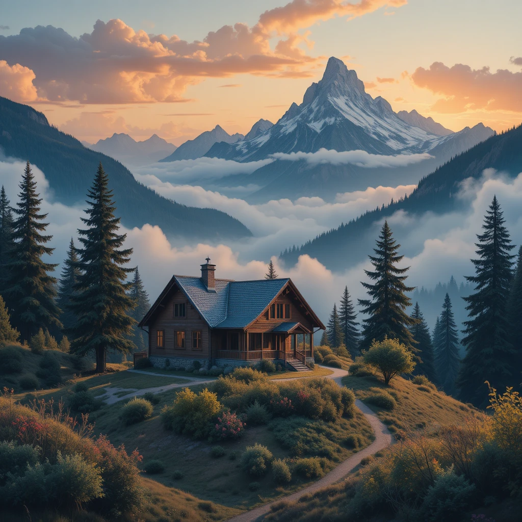 Casa na montanha ao nascer do sol com árvores e nuvens suaves