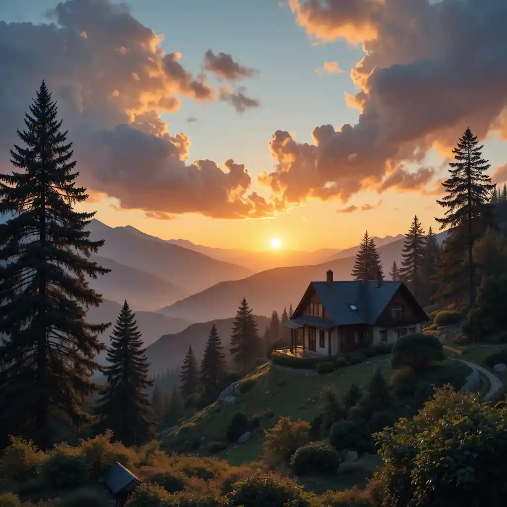 Casa di montagna realistica all’alba arancione e tranquilla