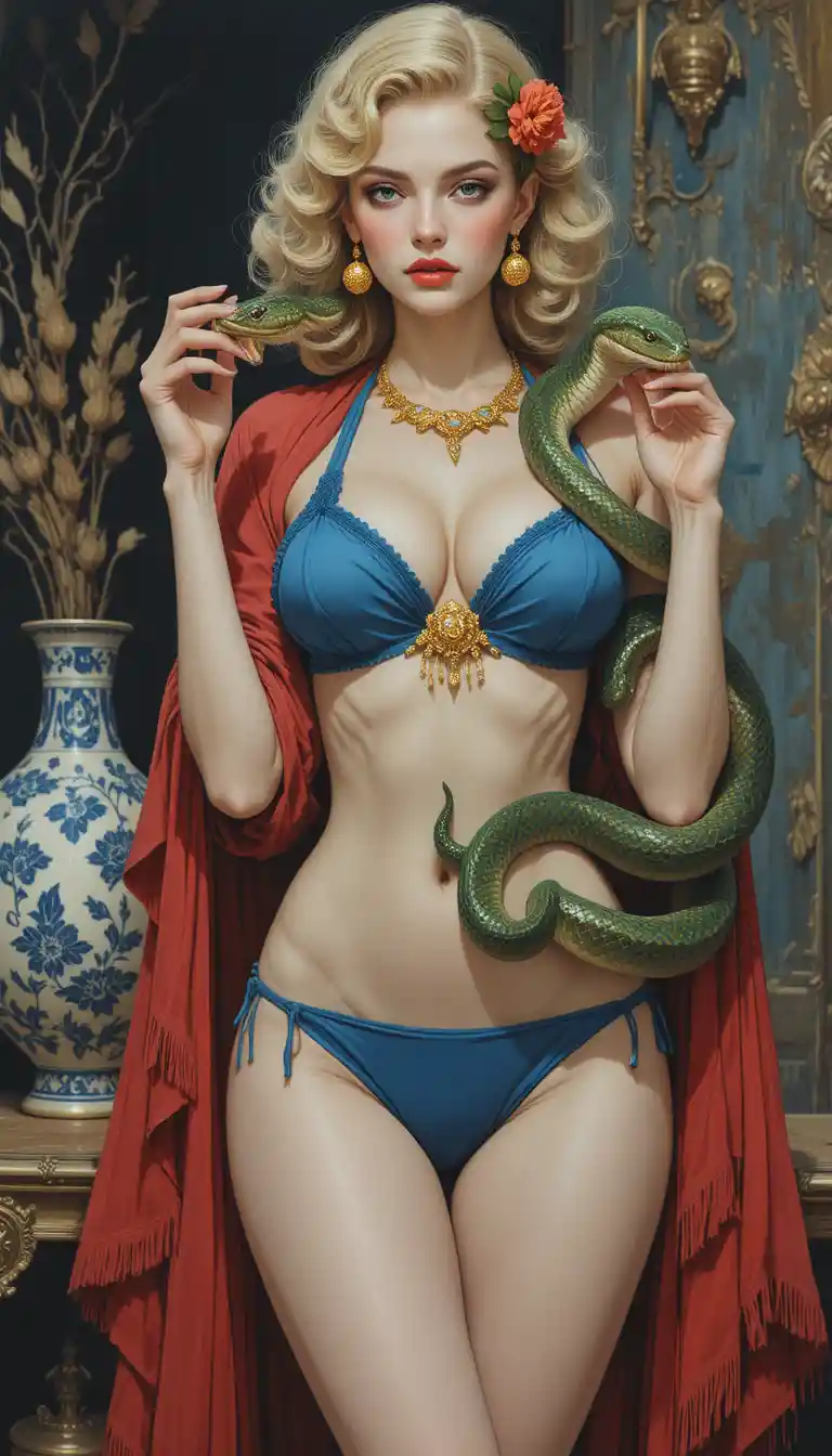 Donna vintage con serpenti e vaso decorato in bikini