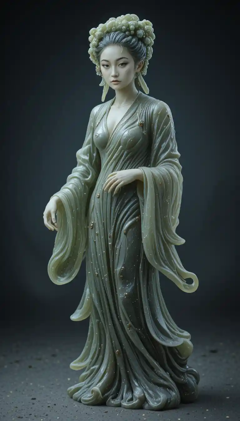 Serena estátua de jade esculpida em obsidiana escura