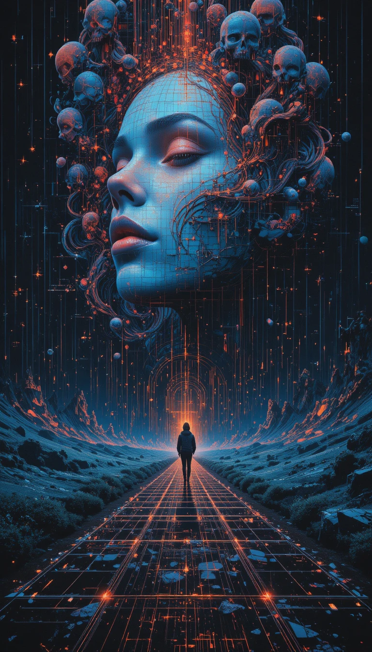 Surreal glitch woman portrait with glowing fractured face