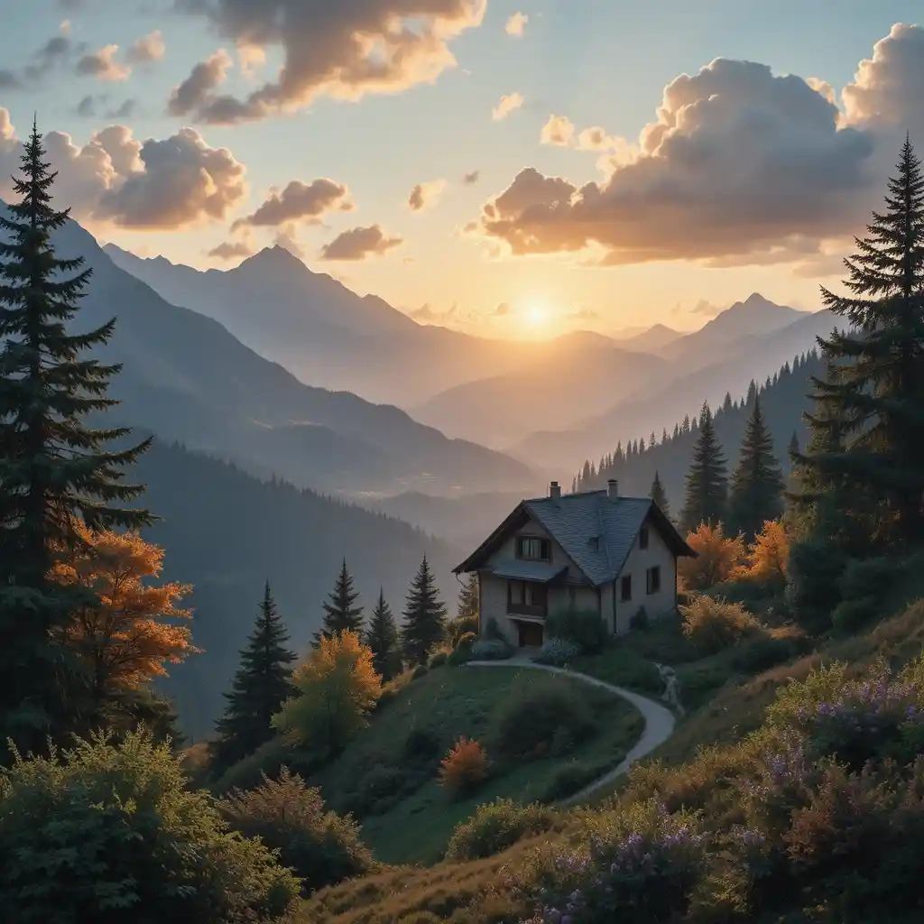 Maison de montagne au lever du soleil avec arbres et nuages doux