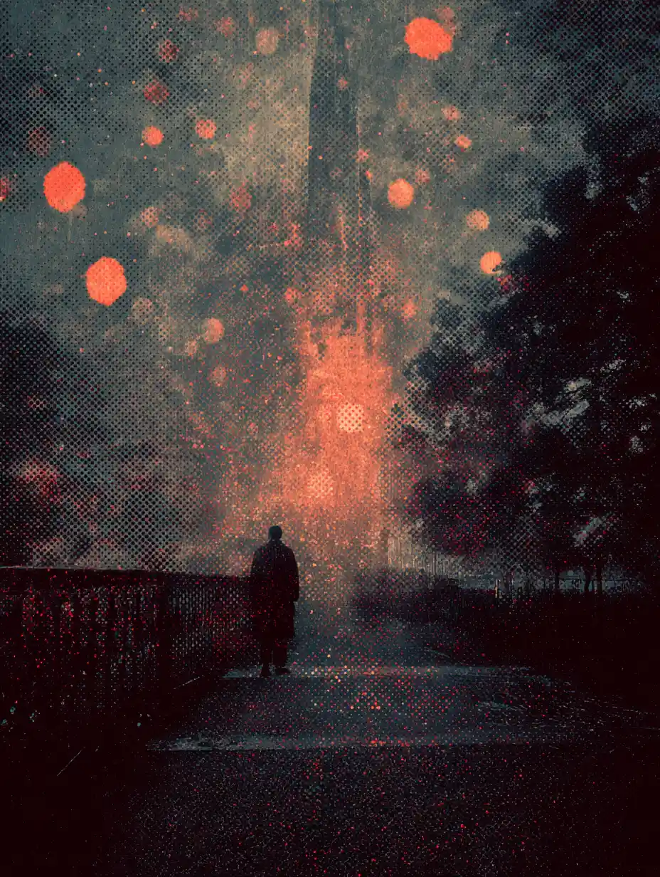 Forma abstrata surreal em textura pontilhada Ben-Day cinematográfica e sombria