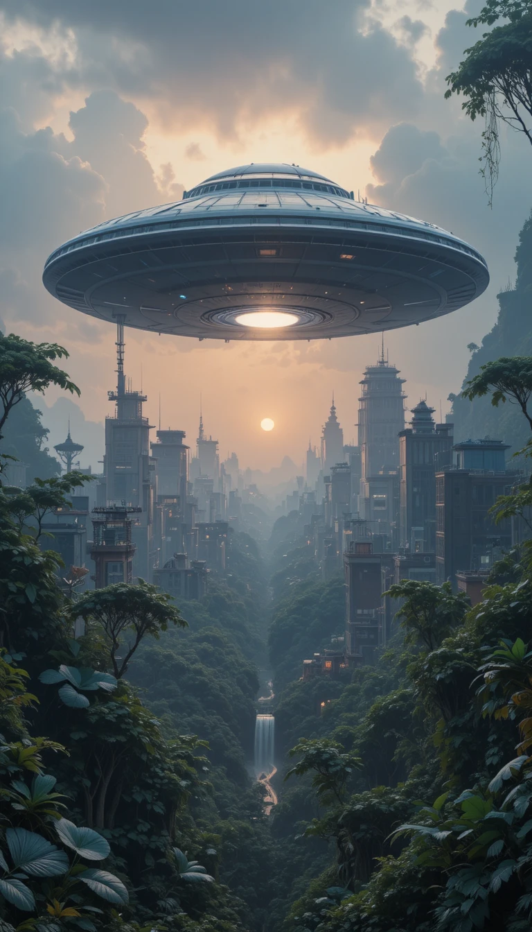 Futuristic ufo hovering above a lush jungle landscape