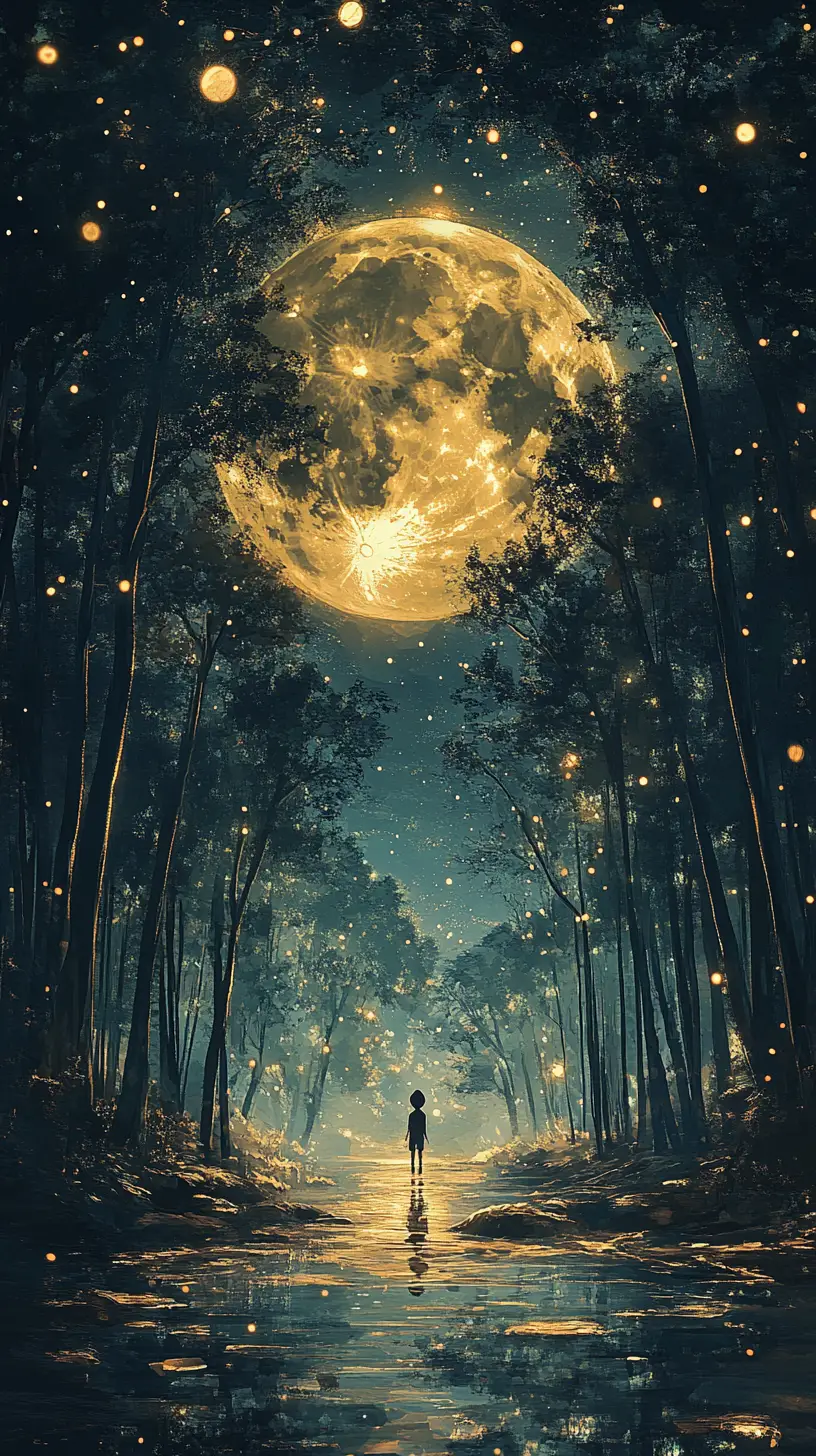 Figura solitaria in una foresta allagata sotto la luna splendente