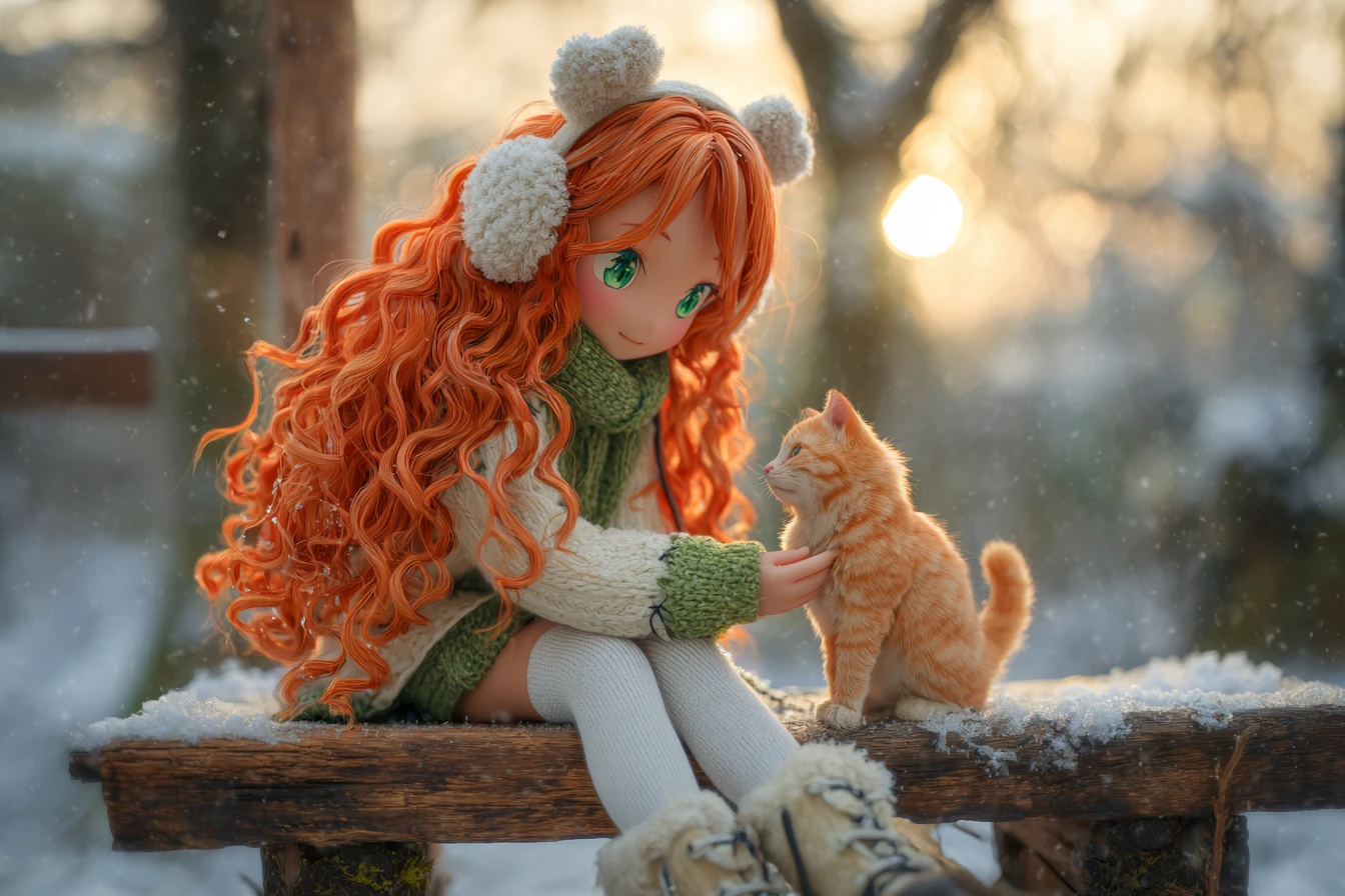 Anime-Mädchen mit roten Haaren, das ein Kätzchen im verschneiten Garten streichelt