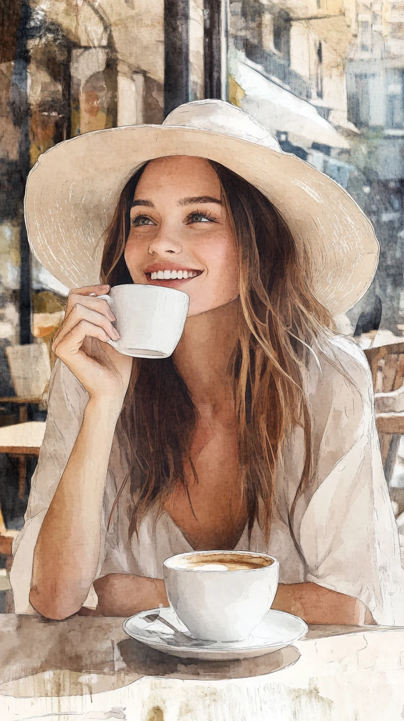 Smiling vintage woman enjoying coffee at cozy city cafe