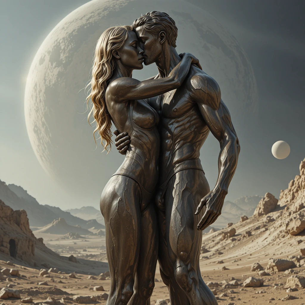 Bronze statue of a woman embracing a fit man on asteroid
