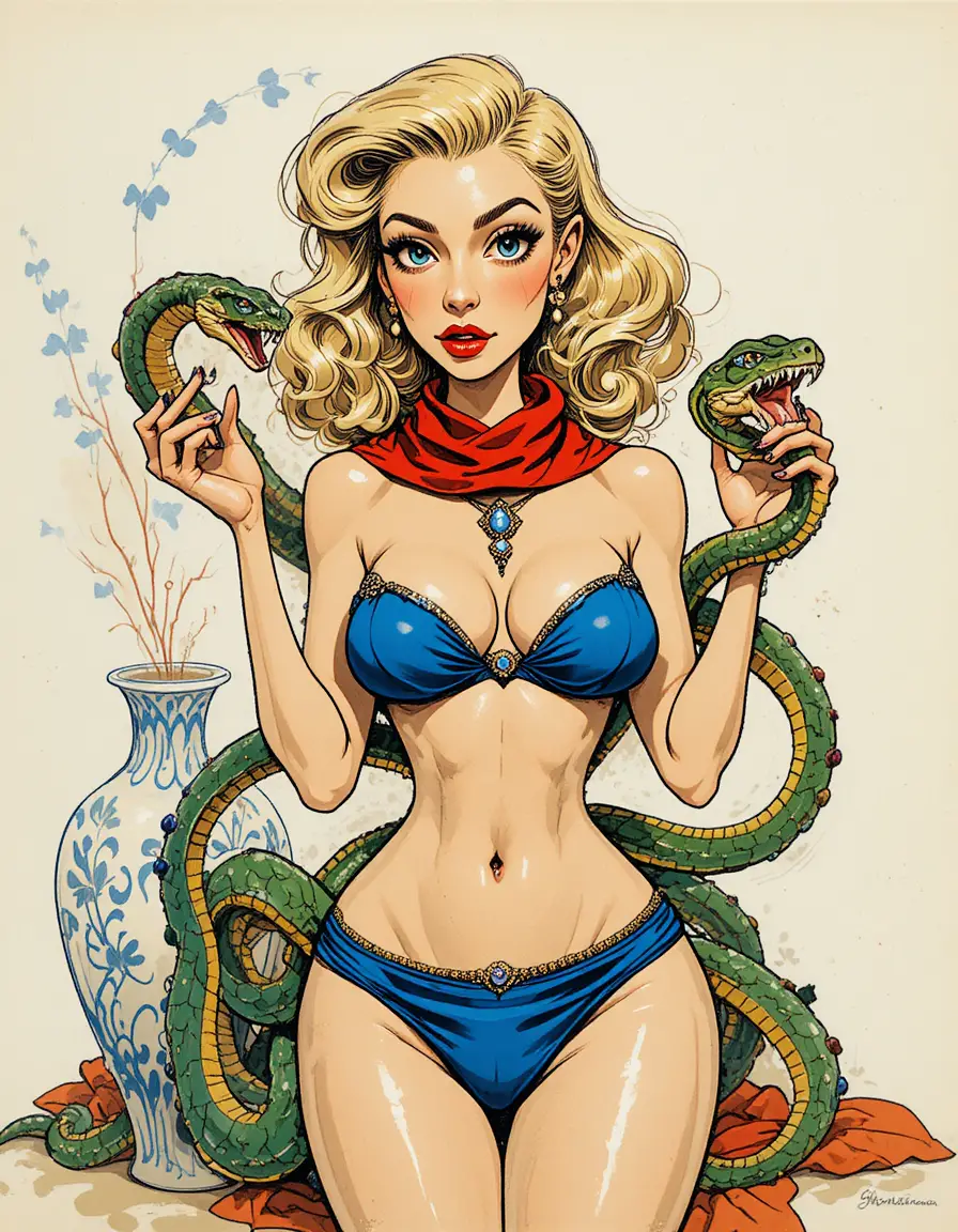 Mujer pin-up vintage con serpientes y jarrón ornamentado