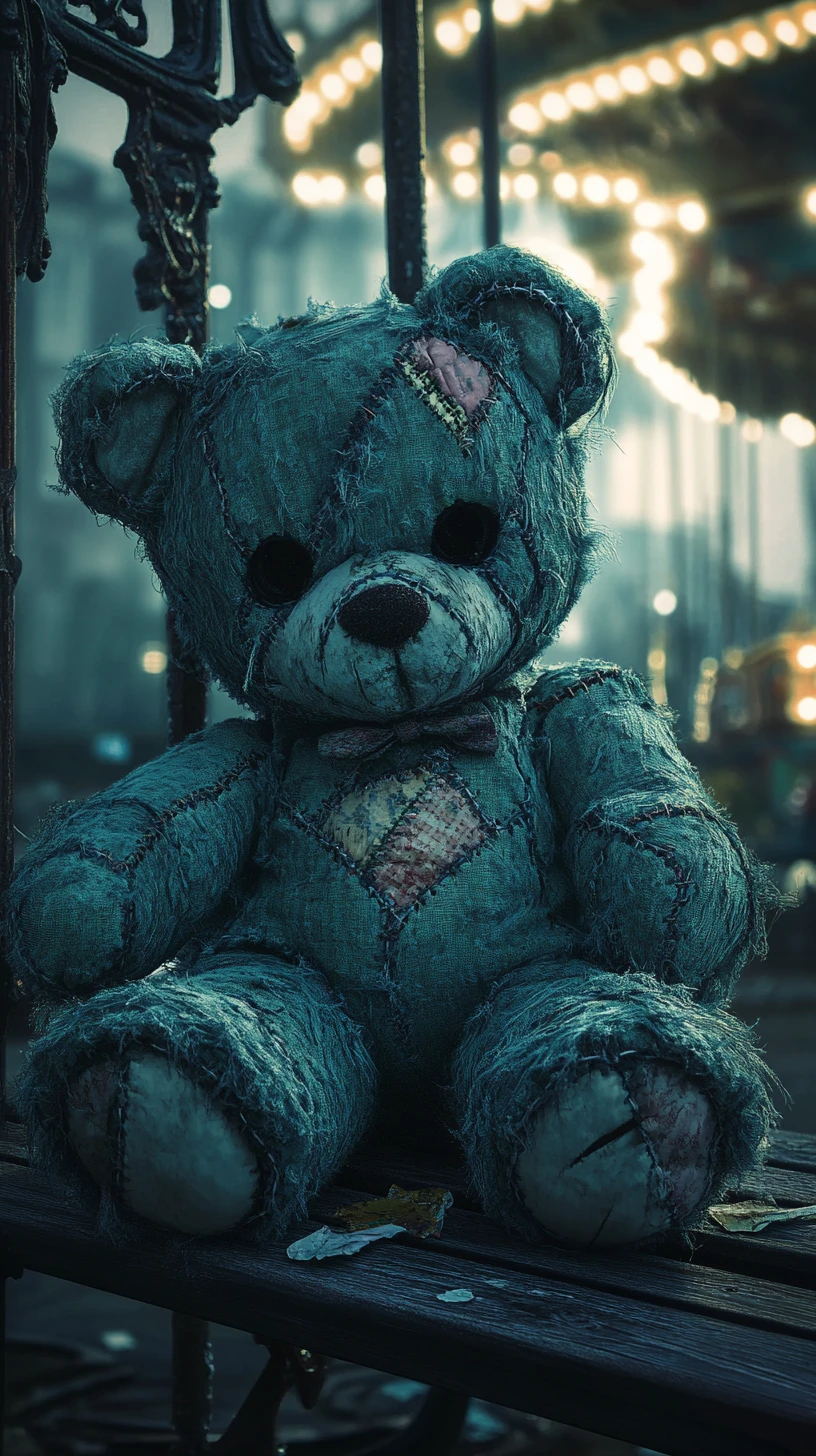 Urso de pelúcia gótico em verde-azulado em um banco à meia-noite