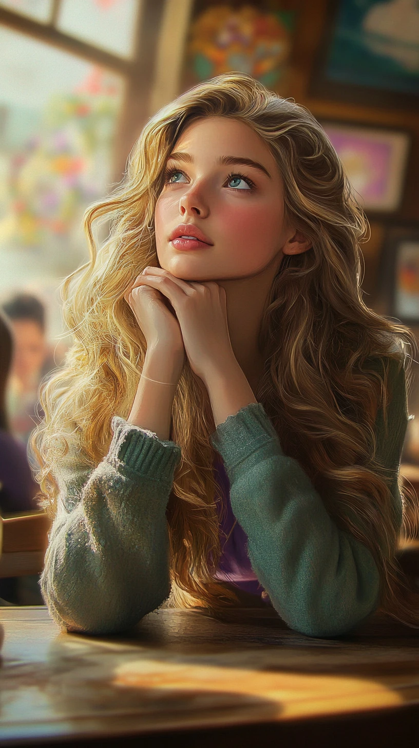 고요한 카페에서 햇살을 받는 꿈꾸는 금발 소녀