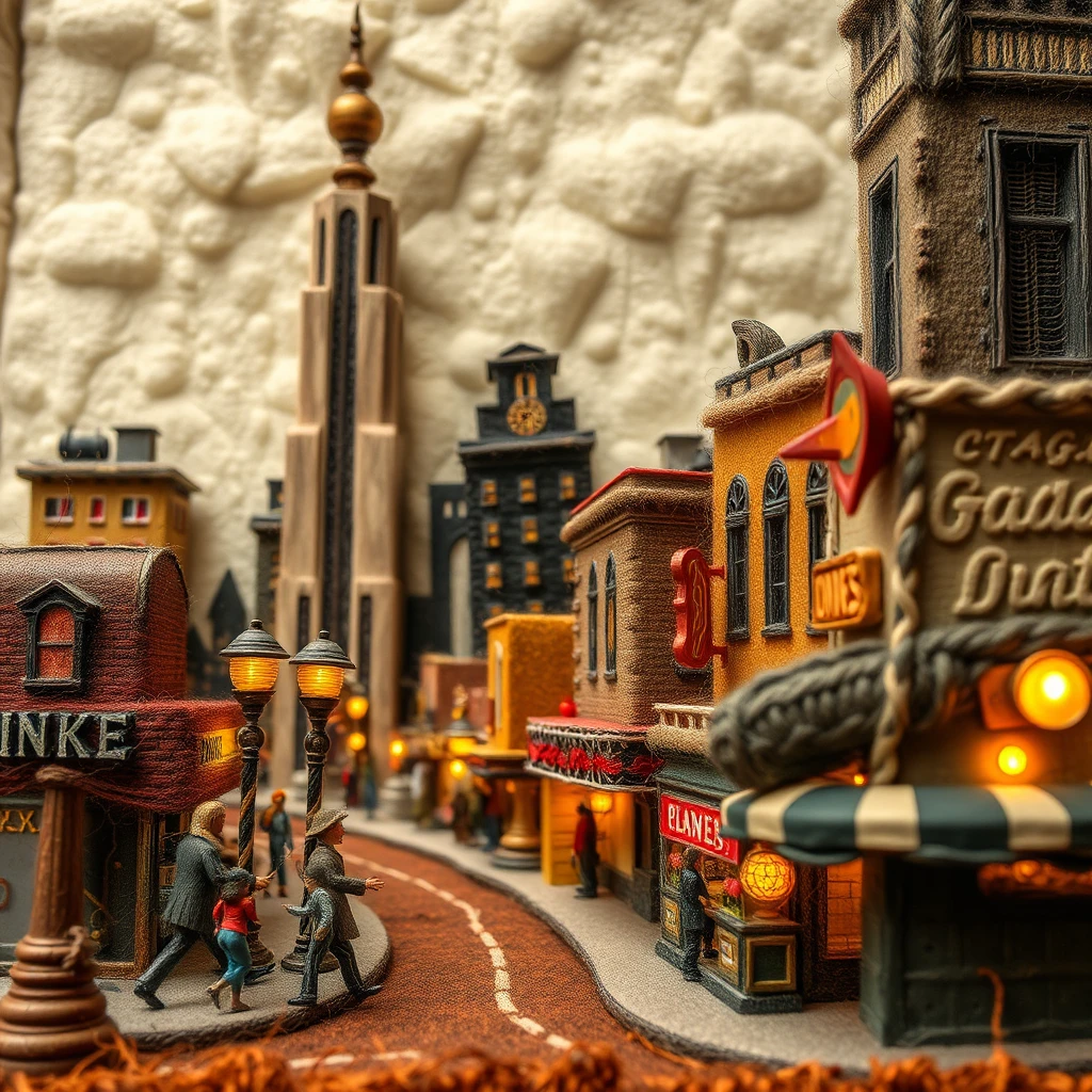 Paisagem urbana em miniatura de lã com aconchego vintage