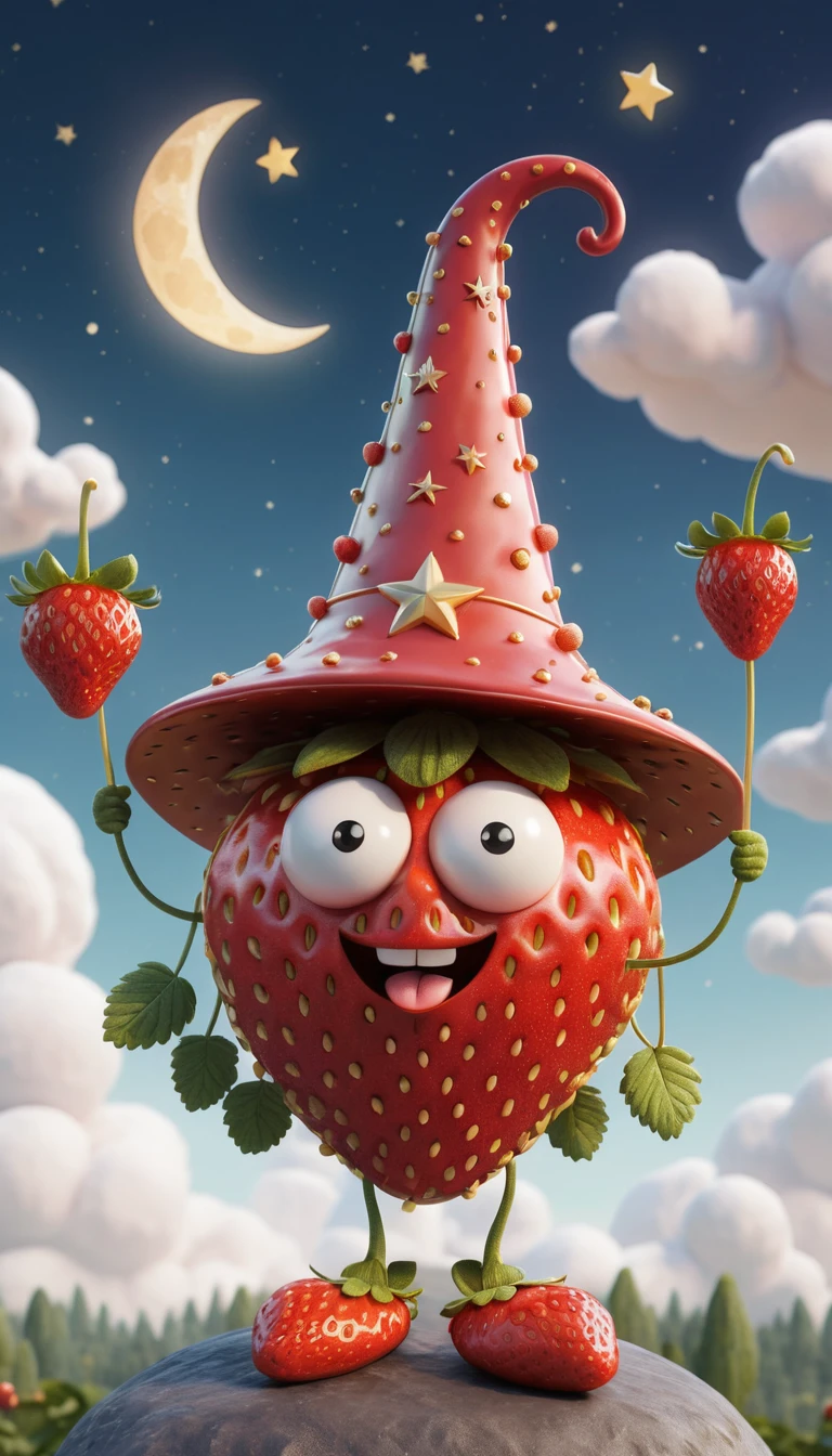 Mago de Morango Fantasioso sob Nuvens Suaves e Oníricas
