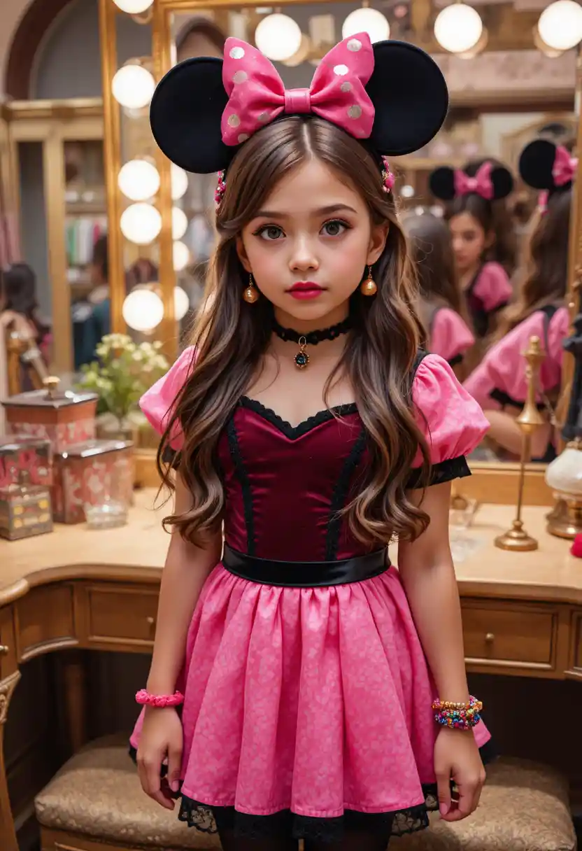 Tween boy in pink minnie dress at boutique vanity