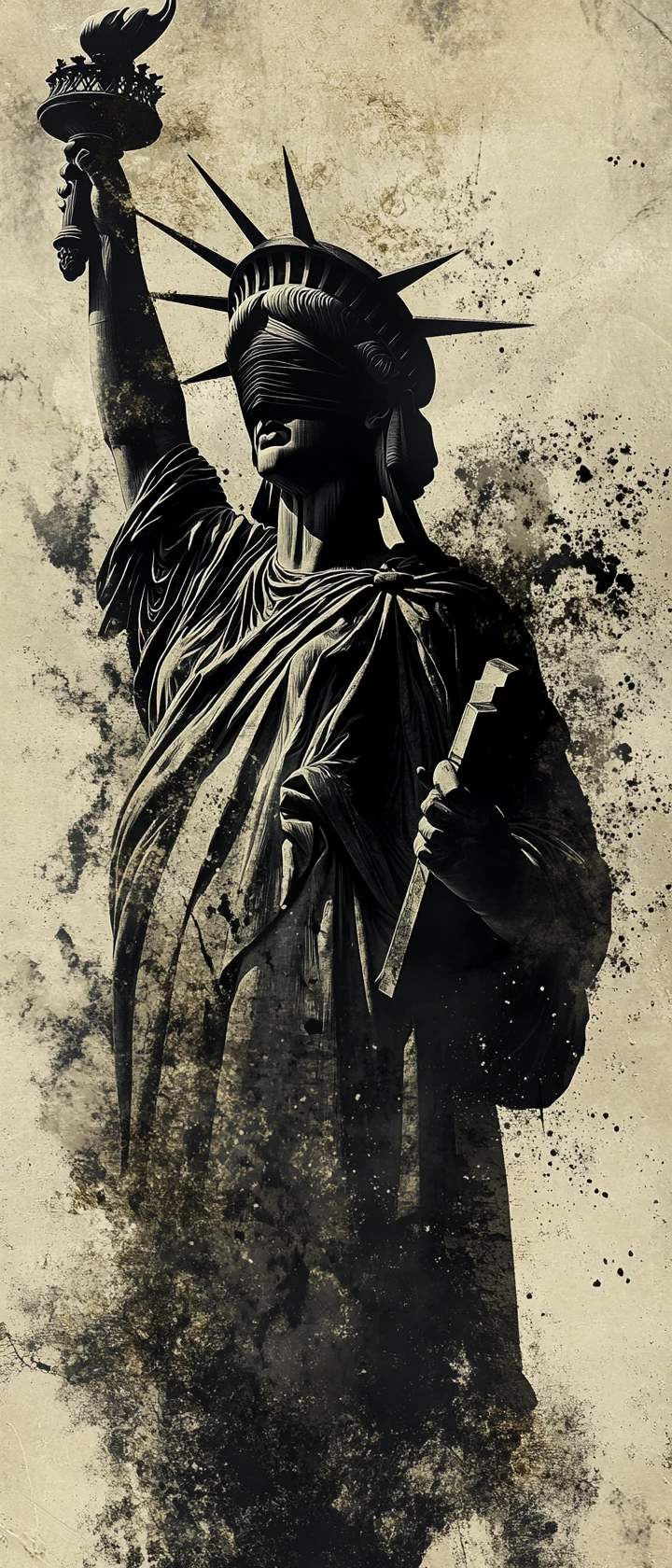 Retrato Abstrato da Estátua da Liberdade em Estilo Monocromático Enevoado