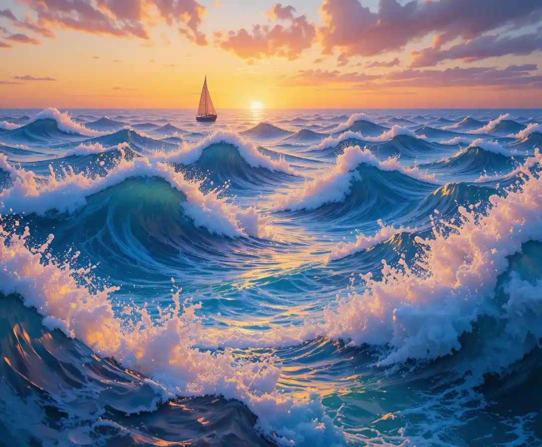 Segelboot überquert ein prismenartiges Meer bei lebendigem Sonnenuntergang