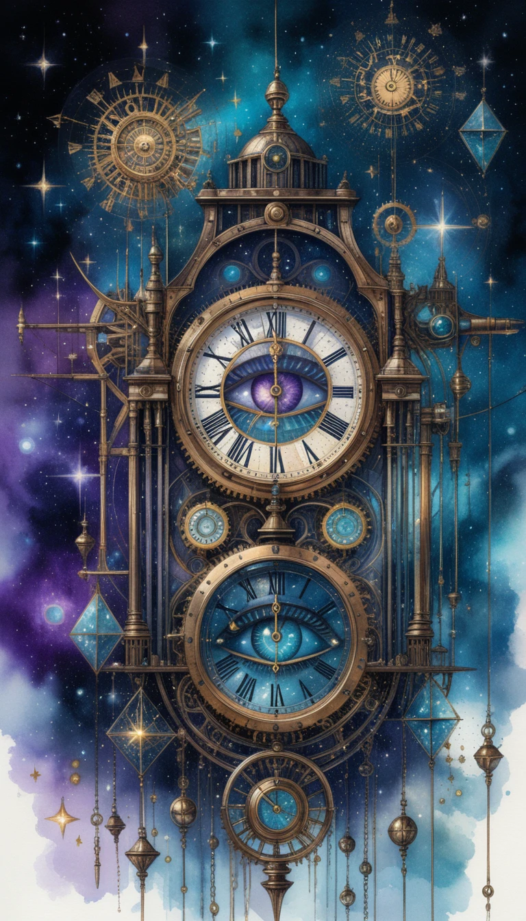 Surreal steampunk clock tower with watching eyes in space