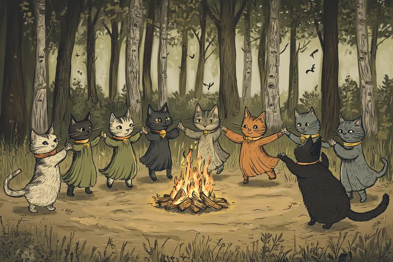 Gatos Bruja Fantasiosos Bailando Alrededor de un Fuego en el Bosque