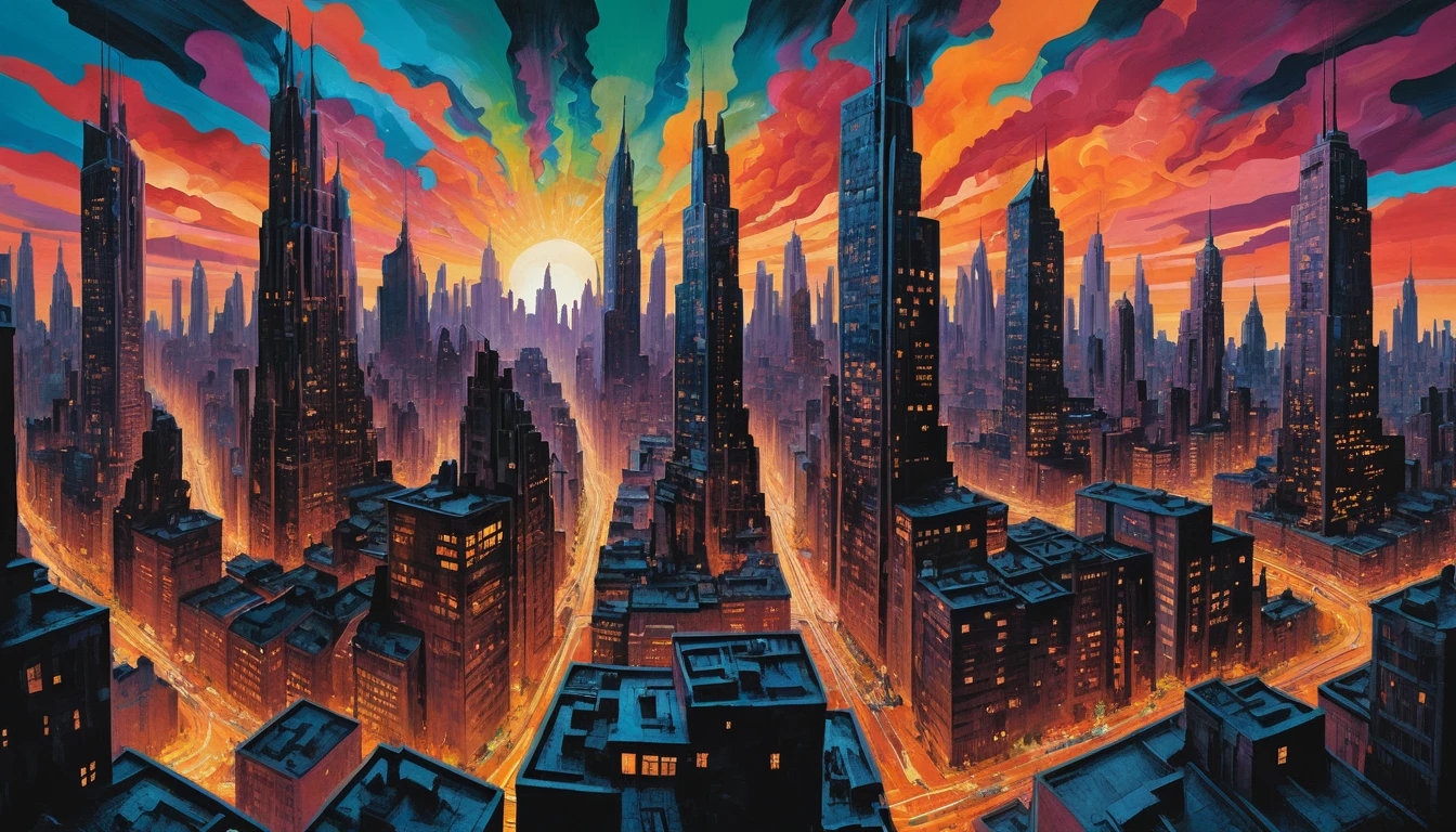 Paysage urbain surréaliste au crépuscule avec gratte-ciel fondants