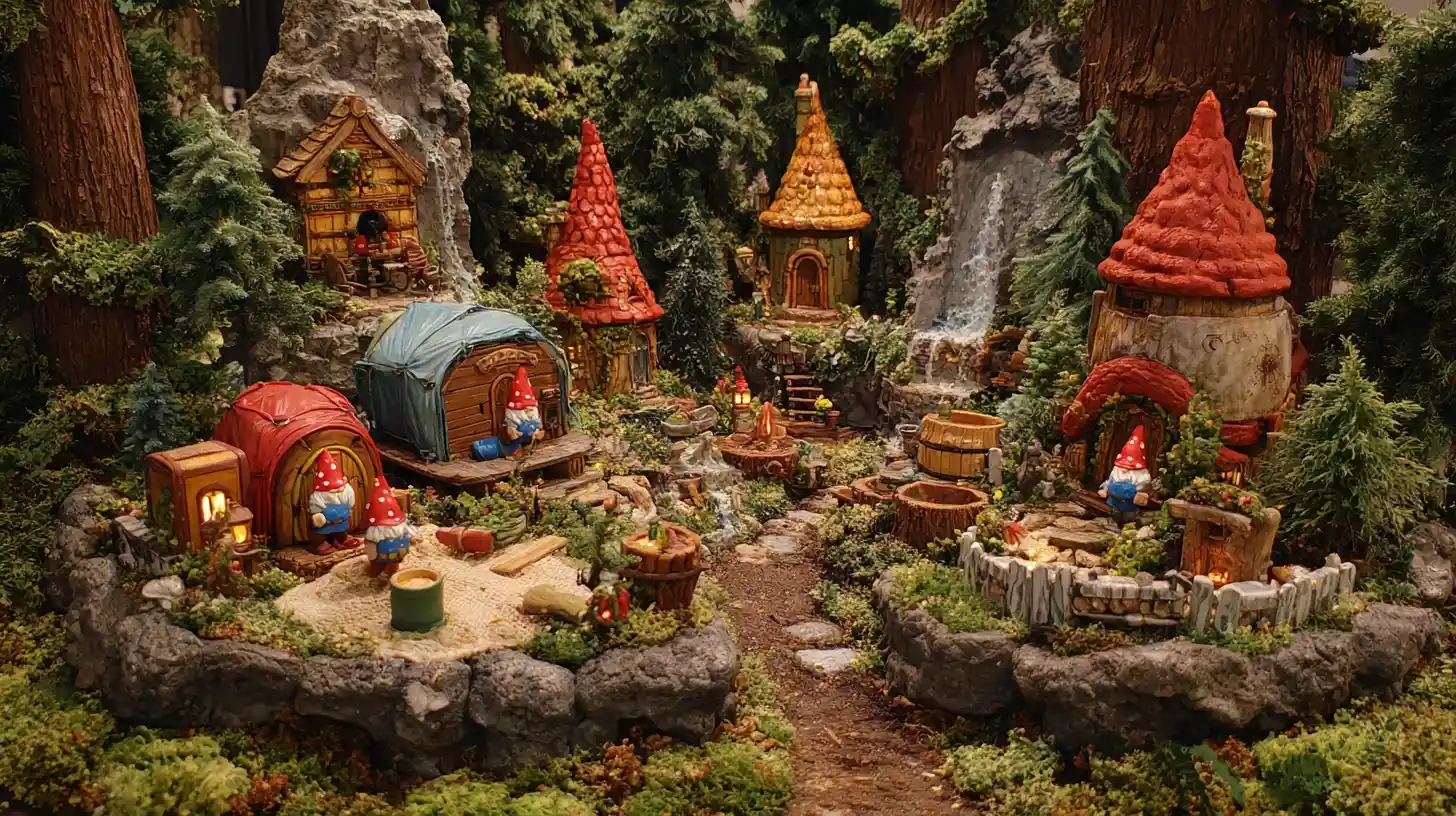 Village de gnomes fantaisiste construit avec du matériel de camping dans une forêt profonde