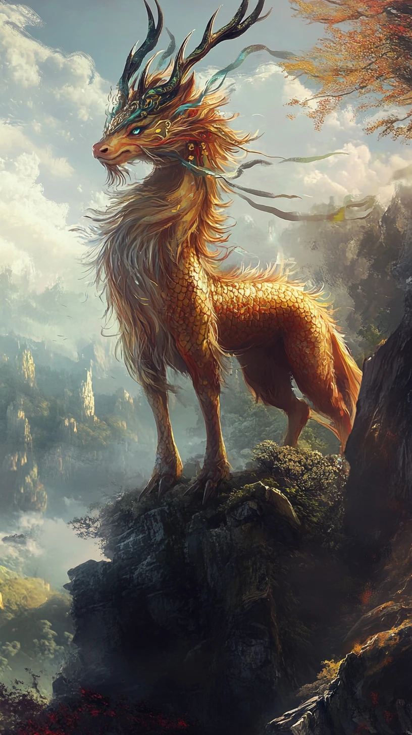 Criatura Mítica Qilin Majestosa em um Reino de Fantasia