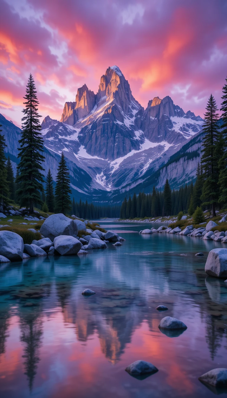 Cumbres nevadas de los Dolomitas sobre un río azul espejado