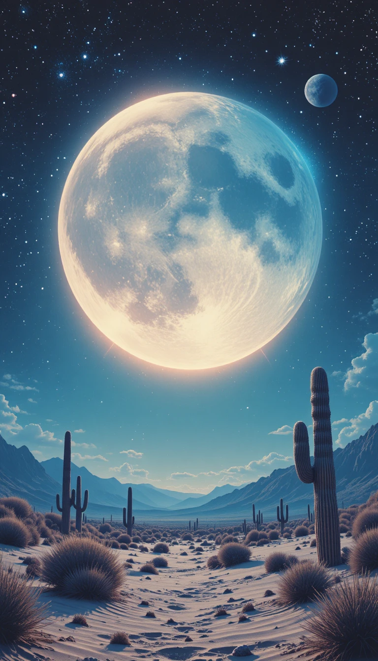 Surreal desert under a glowing full moon in blue tones