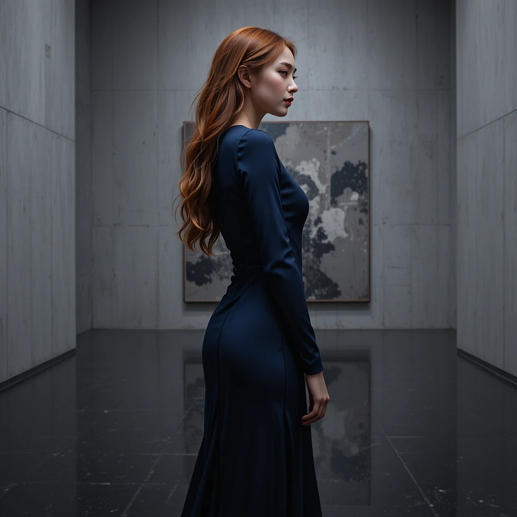 Elegant Korean woman in midnight navy gown in gallery